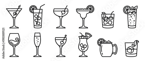 Cocktail drinks icons set with various beverages featuring different glass types and garnishes for menu design or party themes.