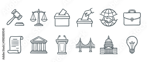 Hand-drawn icons illustrating law, justice, government, politics, and social concepts in a doodle style for various uses.