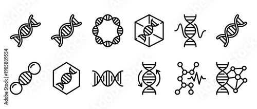 DNA helix icons representing genetic research, biotechnology, and molecular biology concepts in a modern outline style.
