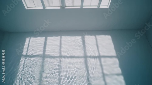  reflected water light ripples moving across white ceiling, soft ambient tone