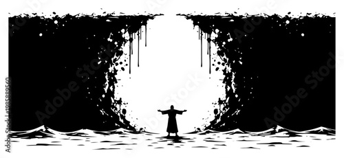 Parting of the sea miracle scene with artistic ink splatters and messy dripping paint effects