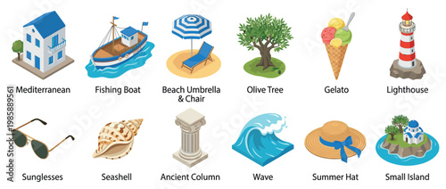Mediterranean travel icons collection featuring summer vacation elements, holiday destination symbols, and cultural objects.