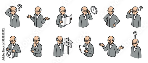 Elderly man experiencing confusion, forgetfulness, and uncertainty in various situations, illustrated with different poses and expressions.