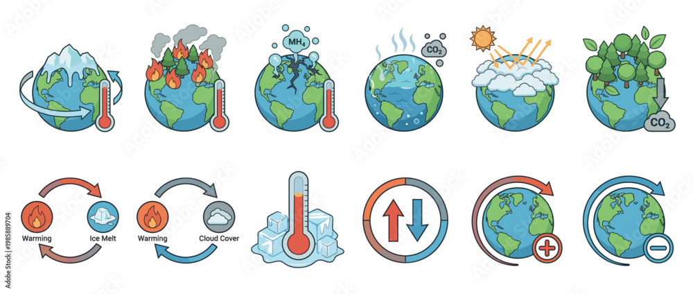 Fototapeta premium Climate change and global warming icons illustrating environmental impact, greenhouse gases, deforestation, ice melt, and Earth's temperature fluctuations.