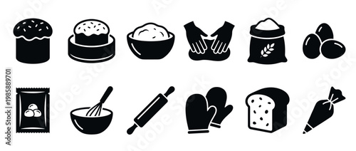 Baking icons set with ingredients and tools depicting various elements used in the process of making bread, cakes, and pastries.