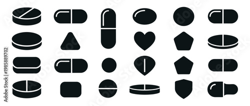Pills capsules medicine tablets icons set illustrating various pharmaceutical shapes for healthcare, treatment, and wellness concepts.