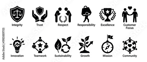 Business core values and corporate principles represented by a comprehensive set of black and white icons illustrating key concepts like integrity, trust, and innovation.