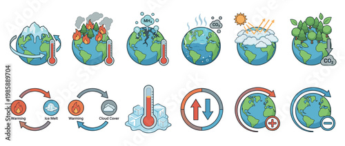 Climate change and global warming icons illustrating environmental impact, greenhouse gases, deforestation, ice melt, and Earth's temperature fluctuations.