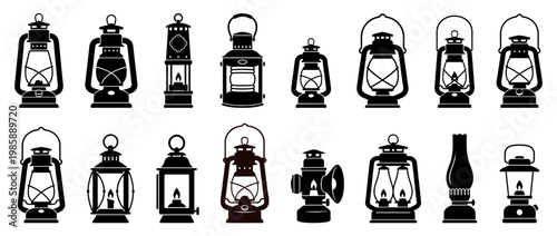 Various antique and contemporary lantern designs, including oil lamps and camping lights, in a detailed silhouette vector set.