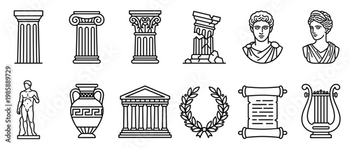 Ancient symbols and classical elements collection featuring columns, statues, amphora, temple, wreath, scroll, and lyre in a historical line art style.