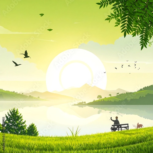 A serene landscape with a person sitting on a bench