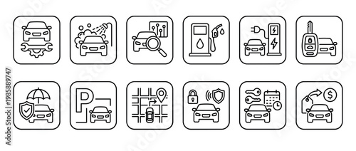 Automotive services and vehicle maintenance line icons set, including car repair, washing, diagnostics, fueling, charging, security, insurance, parking, and navigation.