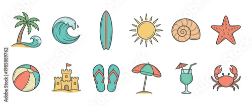 Colorful summer beach icons set featuring palm tree, wave, surfboard, sun, seashell, and other vacation symbols.