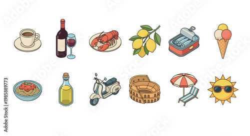 Collection of various Italian food, travel, and summer icons in a charming cartoon style illustration for cultural themes.