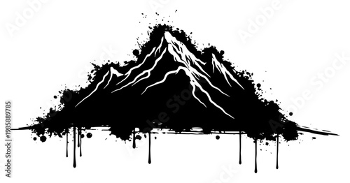 Mountain peak silhouette with snowy details and ink splatters in grunge style