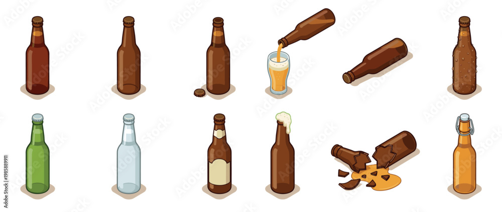 Fototapeta premium Isometric beer bottles and beverage containers in various states, including full, empty, pouring, broken, and with condensation, for drink-related designs.