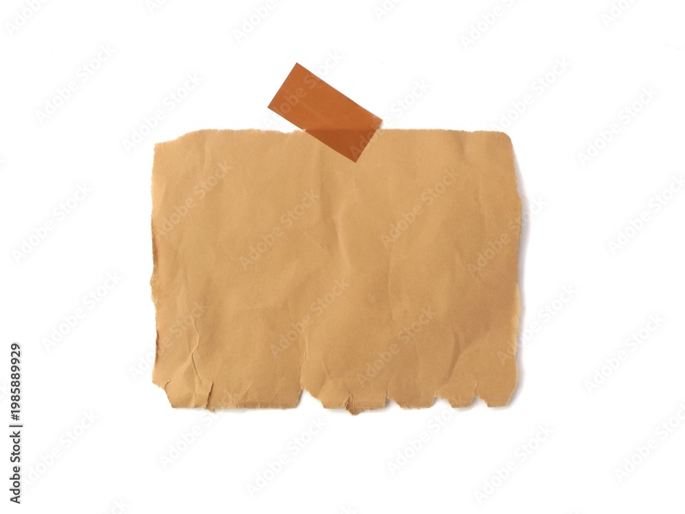 Fototapeta premium Ripped piece of brown craft paper with adhesive tape on white background. Perfect for mockups, notes, reminders, or vintage-style design elements