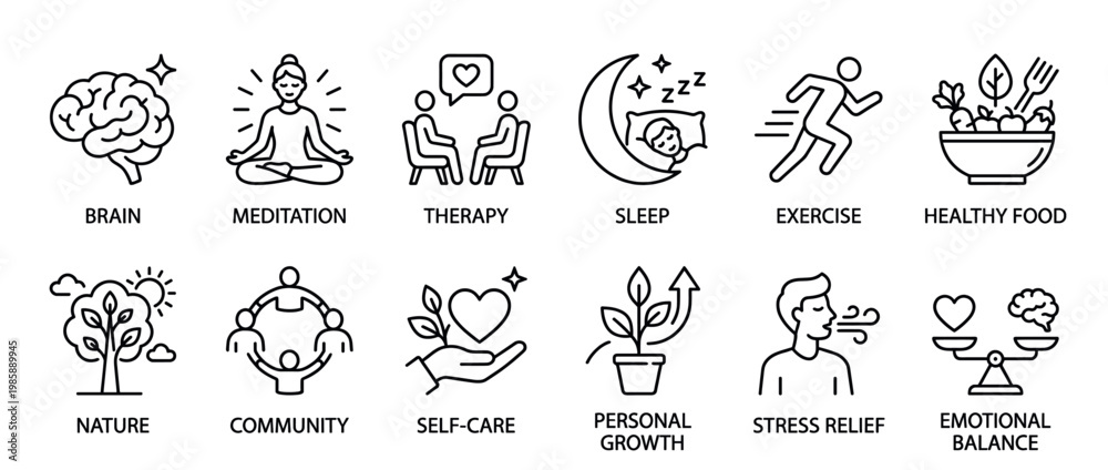 Obraz premium Wellness and mental health icons illustrating various aspects of a balanced and healthy lifestyle, including self-care, exercise, and emotional well-being.