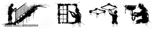 Home improvement workers silhouettes fixing stairs and windows with ink splatters in grunge style