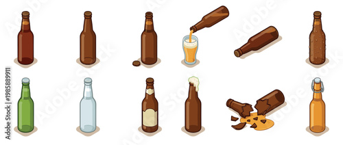Isometric beer bottles and beverage containers in various states, including full, empty, pouring, broken, and with condensation, for drink-related designs.