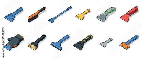 Collection of various ice scrapers and snow brushes for winter car maintenance and clearing frozen windshields.