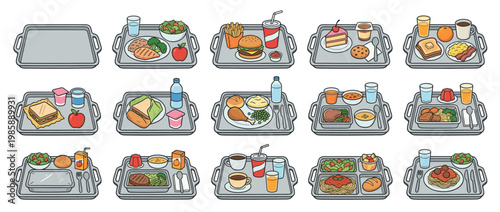 Various meal trays with diverse food options and beverages, illustrating different types of meals served in cafeterias or institutions.