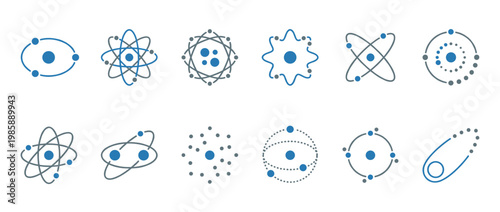 Atom icons set representing various scientific models of atomic structure and particles in chemistry and physics research and education