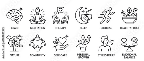 Wellness and mental health icons illustrating various aspects of a balanced and healthy lifestyle, including self-care, exercise, and emotional well-being.