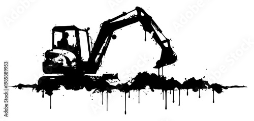 Excavator digging soil at construction site with artistic ink splatters and paint drips