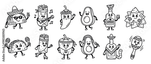 Collection of cute Mexican food and drink characters with happy faces, arms, and legs, celebrating and having fun in a festive doodle style.