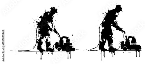 Construction workers operating floor machines with artistic ink splatters and paint drips