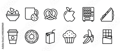 Outline vector icons set featuring various popular snacks, beverages, and quick meal items for daily consumption.