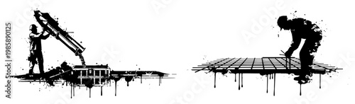 Construction workers pouring concrete and tying steel rebar in ink splatter style