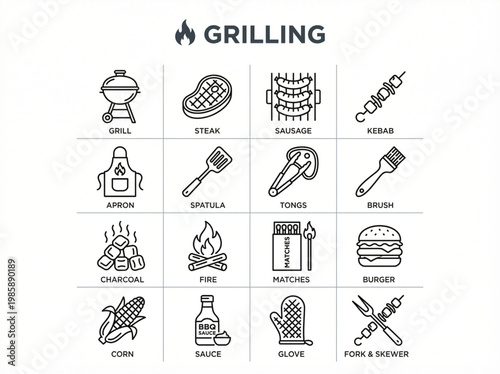 Comprehensive collection of barbecue and grilling line icons featuring outdoor cooking equipment, essential tools, and popular grilled food items