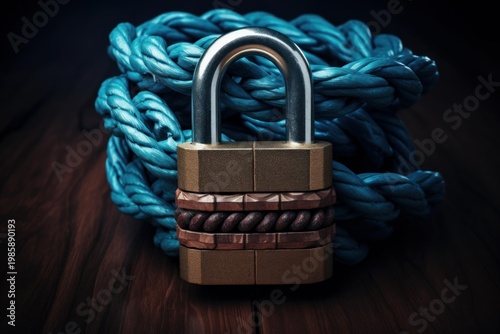 Padlock securing a coiled blue rope on a dark wooden surface