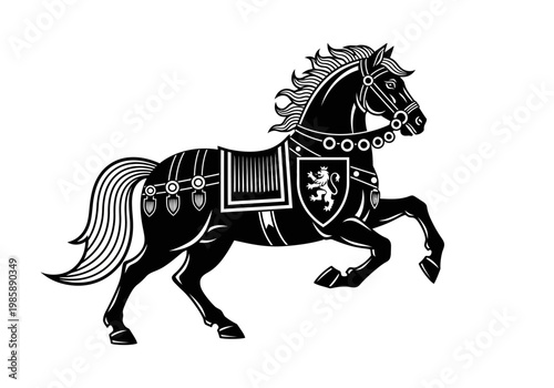 Medieval Heraldic War Horse Illustration with Lion Crest Shield and Armor, Black and White Silhouette Stencil Art of a Royal Knight's Stallion