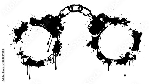 Police handcuffs with artistic ink splatters and grunge drips