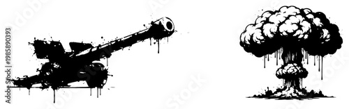 Artillery cannon and nuclear mushroom cloud in ink splatter style
