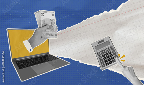 Online payments and financial settlement concept in trendy halftone collage style. Salary increase, career growth, monetary reward and investment. Vector illustration