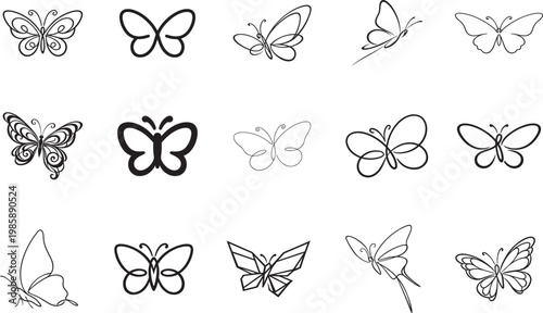 Butterfly continuous line icon set trendy outline insects for logo decor vector isolated white.
