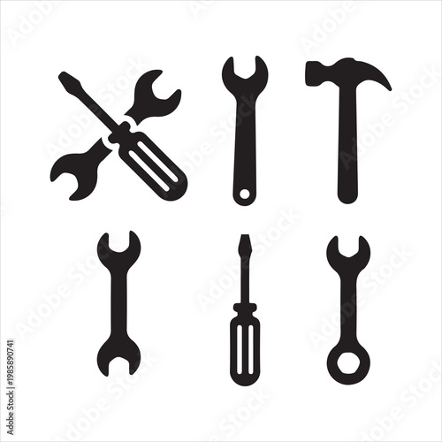 Tool icons set. Wrench, screwdriver and hammer icon. Screwdriver and wrench glyph icon. Settings and repair, service sign - stock vector.