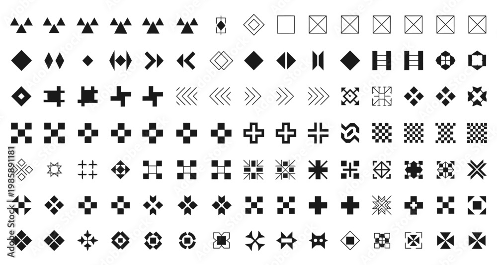 Obraz premium Geometric shapes and symbols arranged in rows on a white background