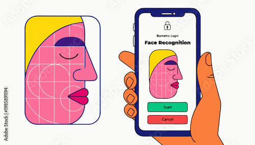 Flat vector illustration of face recognition on smartphone representing phygital life and digital identity with biometric authentication technology