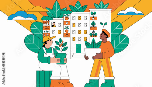 Flat vector illustration of urban gardening with people growing plants on apartment building balconies in eco friendly sustainable lifestyle