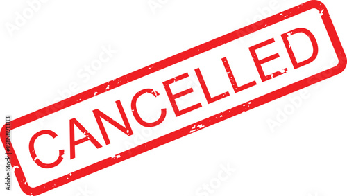 Red ink rubber stamp that clearly shows the word cancelled on a white surface for business