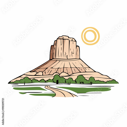 A stylized illustration of a large sandstone mesa with a winding dirt road leading towards it under a bright sun.