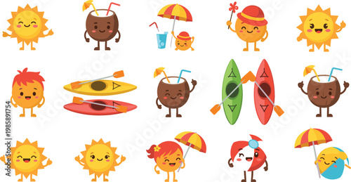 Summer cartoon characters with suns, coconuts, surfboards and kayaks for tropical vector projects