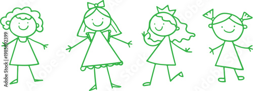 Foto Cheerful vector graphic design of four diverse smiling green stick figure girls