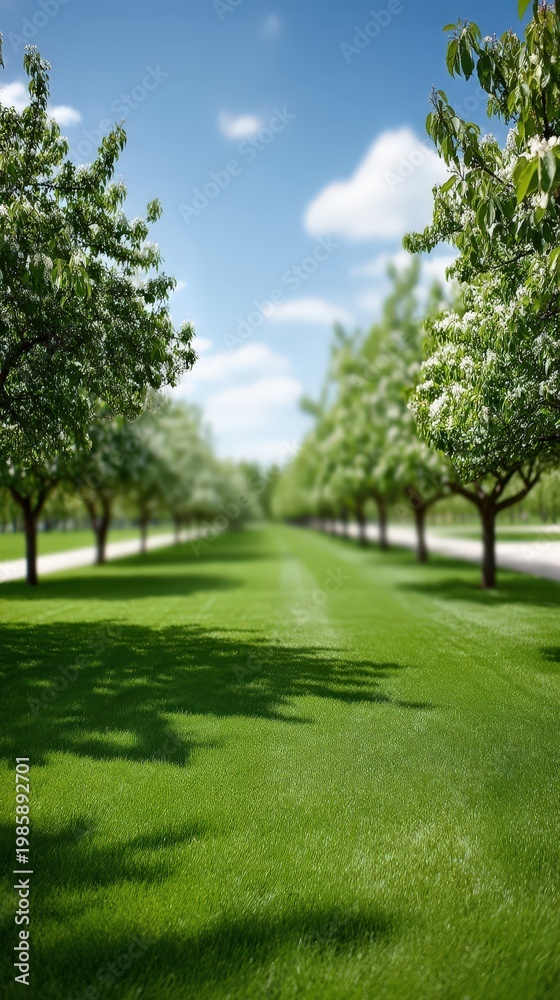 Naklejka premium Fresh grass and trees create a vibrant spring background, with a bright blue sky and bokeh effects for design or text space