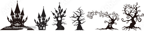 Spooky vector graphic illustration featuring haunted castles, eerie mansions, and gnarled Halloween tree silhouettes.